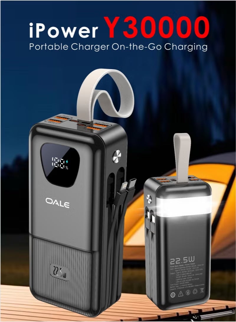 OALE 30000mAh Power Bank, 22.5W Fast Charging, Built-in Type-C & Lightning Cables, Multiple USB Outputs, Flashlight - Image 3